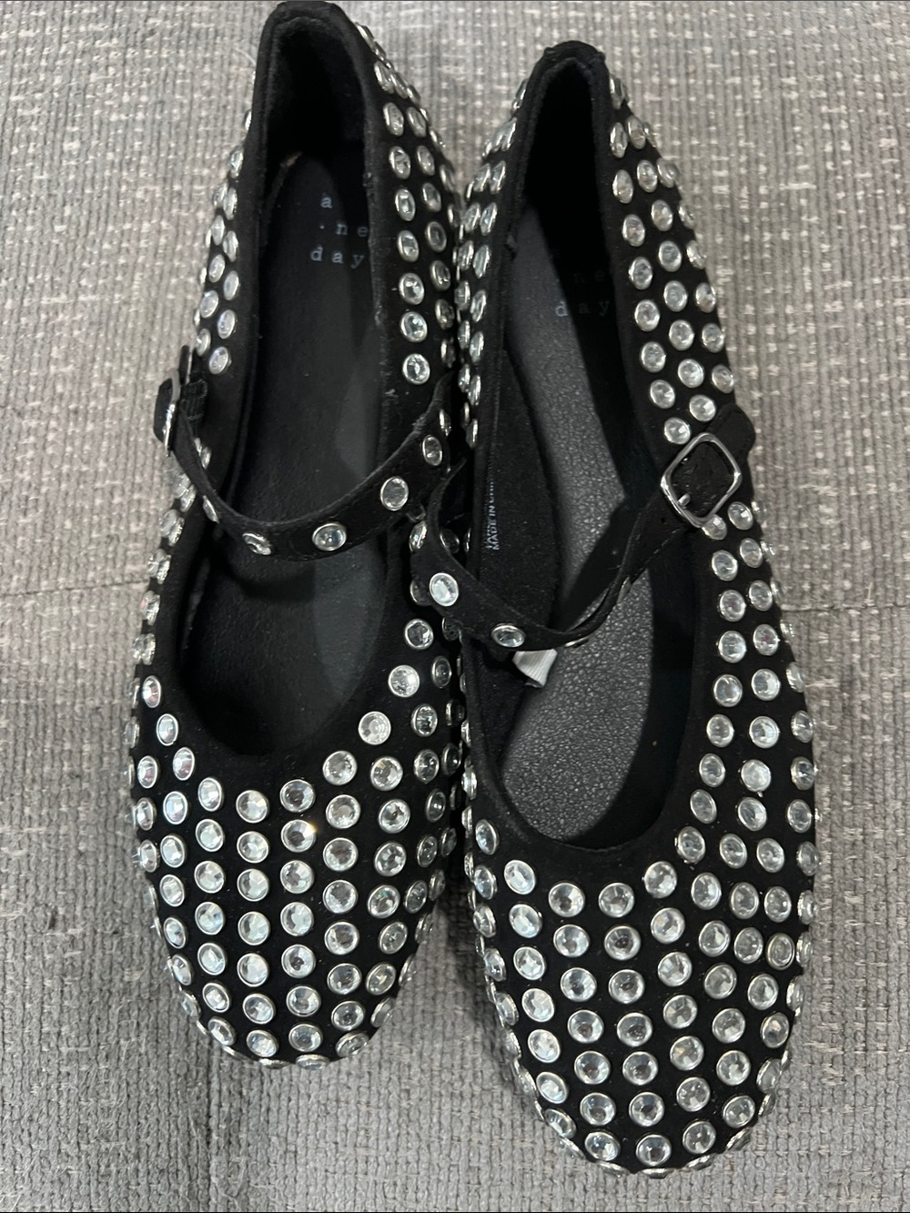 a new day Black Mary Jane Flats with Silver Crystal Studs
